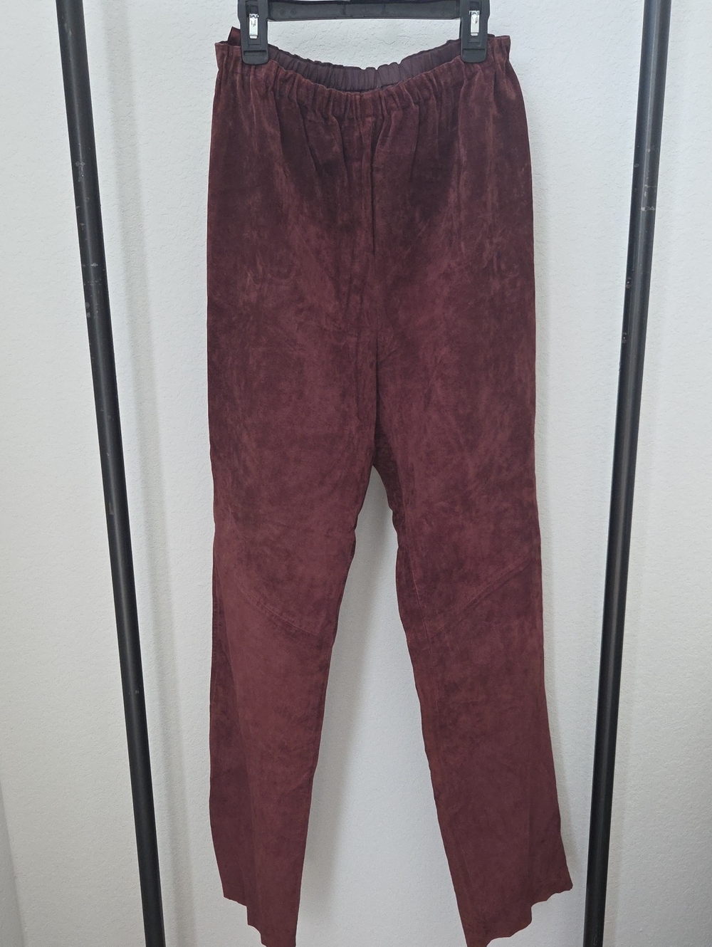 Women's Vintage Elastic-Waist Cayenne Leather Suede Pants Trousers Burgundy S/m